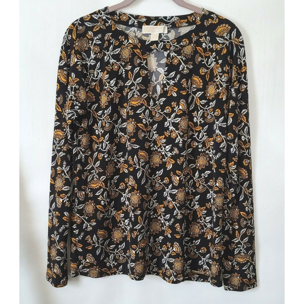 MICHAEL Michael Kors Floral Print Long Slv Top Sz Small V Neck Black Orange EUC